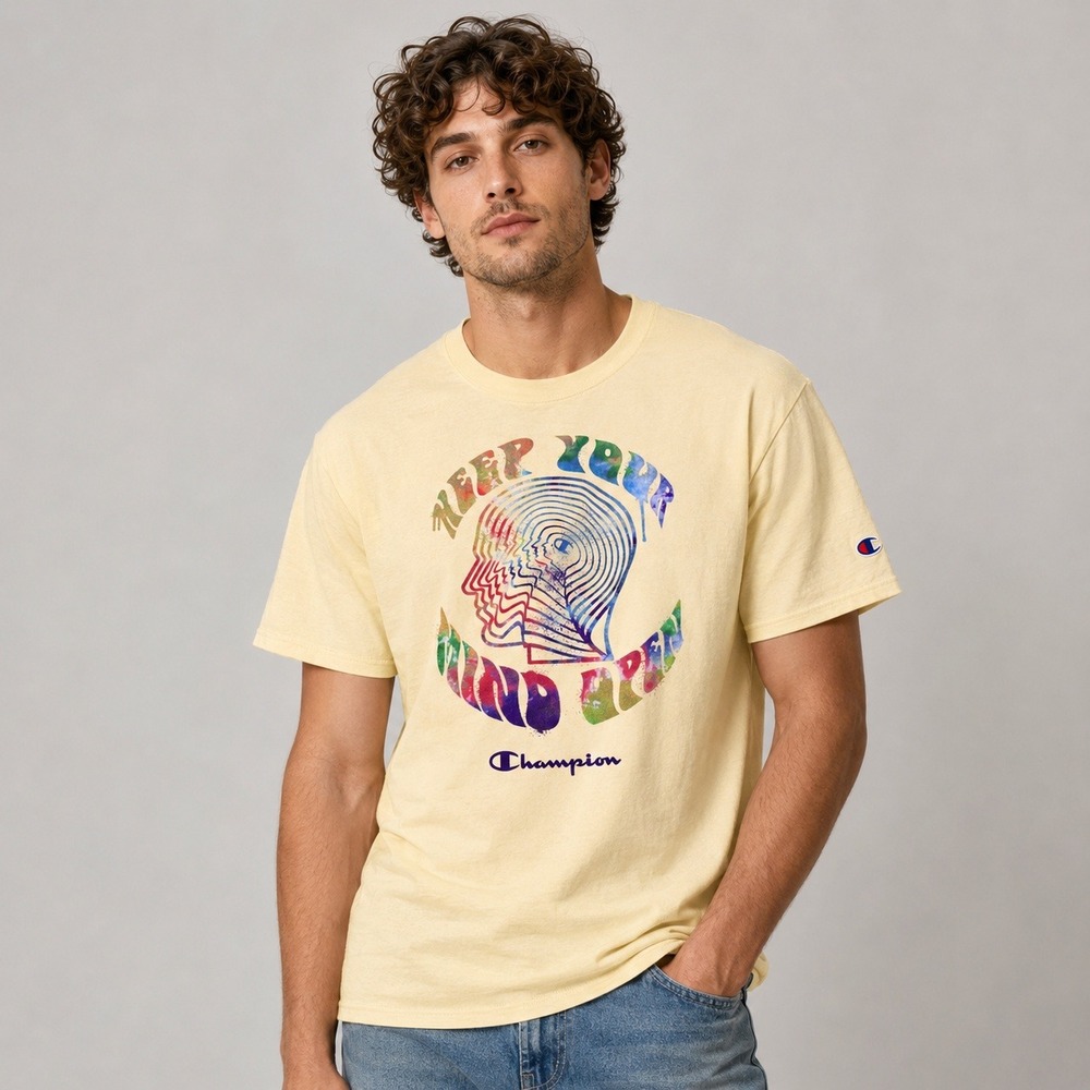 Champion Keep Your Mind Open Shirt Mens Medium Yellow Graphic Tee Trippy GT23H‎